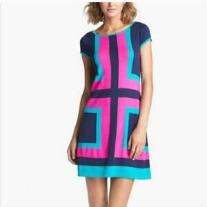 Women's Lilly Pulitzer Isabella Sweater Dress Blue Pink Black Retro Small